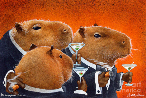 three tuxedoed capybaras with martinis and cigars